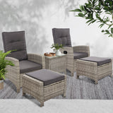 Gardeon 5PC Recliner Chairs Table Sun lounge Wicker Outdoor Furniture Adjustable Grey - Low Angle
