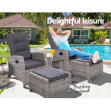 Gardeon 5PC Recliner Chairs Table Sun lounge Wicker Outdoor Furniture Adjustable Grey - Extra Image