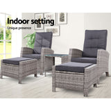 Gardeon 5PC Recliner Chairs Table Sun lounge Wicker Outdoor Furniture Adjustable Grey - Extra Image