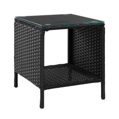 Gardeon Black PE Wicker Outdoor Coffee Side Table with Glass Top, 40 x 40 x 45cm