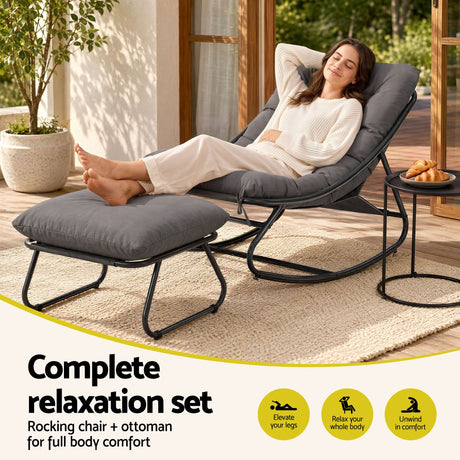 Gardeon Rocking Chair with Footrest Mesh Seat Cushion Outdoor Chairs Grey, image 5