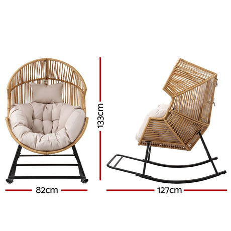 Gardeon Outdoor Egg Rocking Chair Rattan Lounger with Thick Cushion Patio Furniture Natural, image 3
