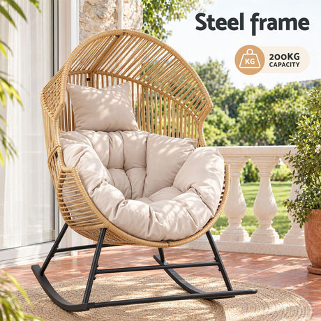 Gardeon Outdoor Egg Rocking Chair Rattan Lounger with Thick Cushion Patio Furniture Natural, image 5