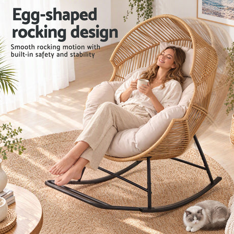 Gardeon Outdoor Egg Rocking Chair Rattan Lounger with Thick Cushion Patio Furniture Natural, image 7