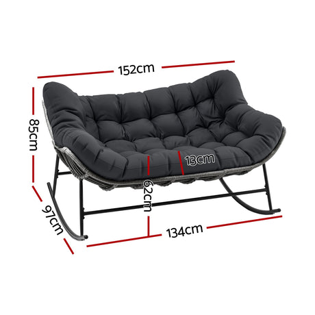 Gardeon Outdoor Rocking Chair Loveseat Wicker 2 Seater Cushion Patio Furniture Grey, image 3