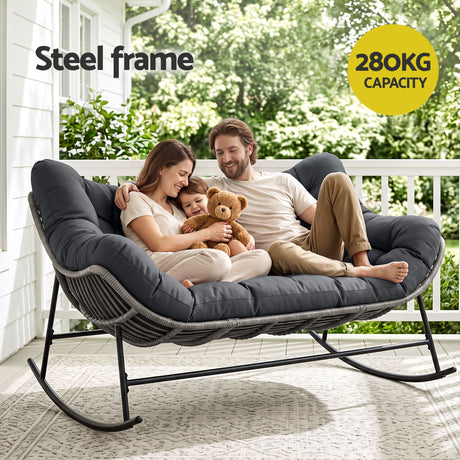 Gardeon Outdoor Rocking Chair Loveseat Wicker 2 Seater Cushion Patio Furniture Grey, image 5