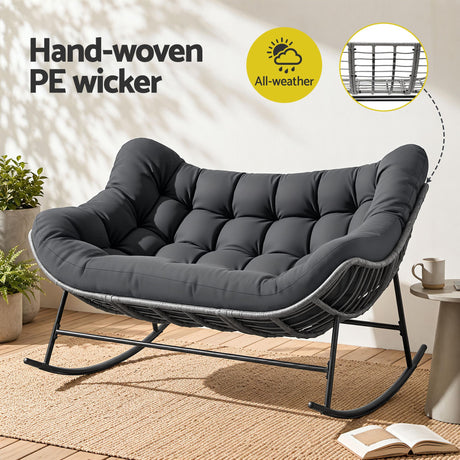 Gardeon Outdoor Rocking Chair Loveseat Wicker 2 Seater Cushion Patio Furniture Grey, image 6