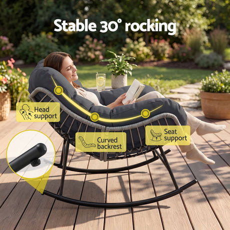 Gardeon Outdoor Rocking Chair Loveseat Wicker 2 Seater Cushion Patio Furniture Grey, image 7