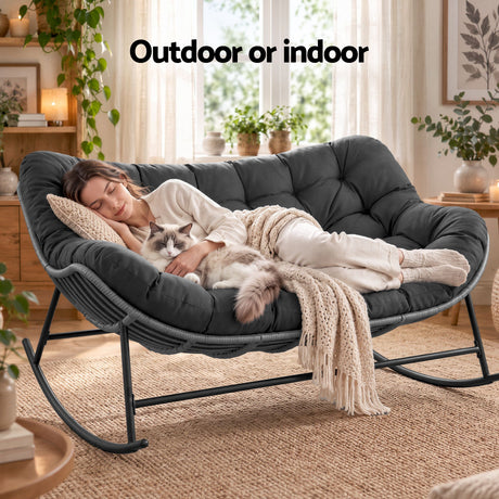 Gardeon Outdoor Rocking Chair Loveseat Wicker 2 Seater Cushion Patio Furniture Grey, image 9