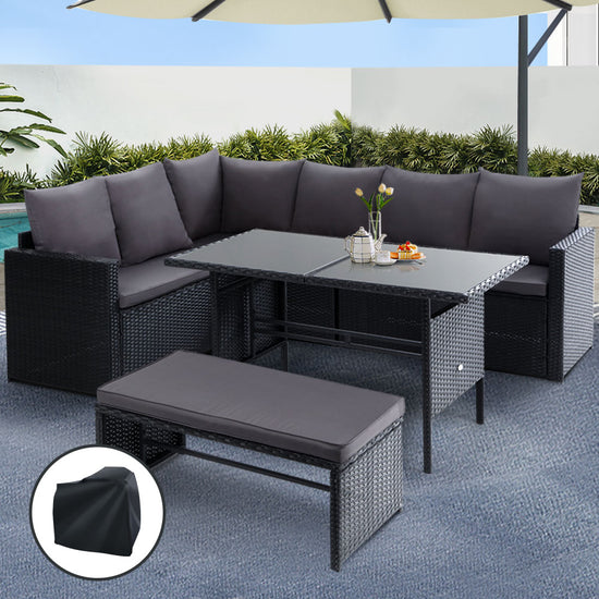 Gardeon Outdoor Dining Set Sofa Lounge Setting Chairs Table Bench Black Cover