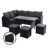 Gardeon Outdoor Dining Set Sofa Lounge Setting Chairs Table Ottoman Black Cover - Close-Up Angle