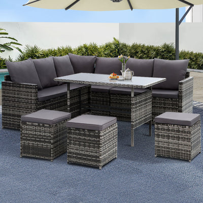 Gardeon Outdoor Furniture Dining Setting Sofa Set Lounge Wicker 9 Seater Mixed Grey