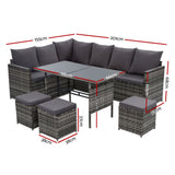 Gardeon Outdoor Dining Set Sofa Lounge Setting Chairs Table Ottoman Grey Cover - Front View