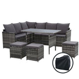 Gardeon Outdoor Dining Set Sofa Lounge Setting Chairs Table Ottoman Grey Cover - Close-Up Angle