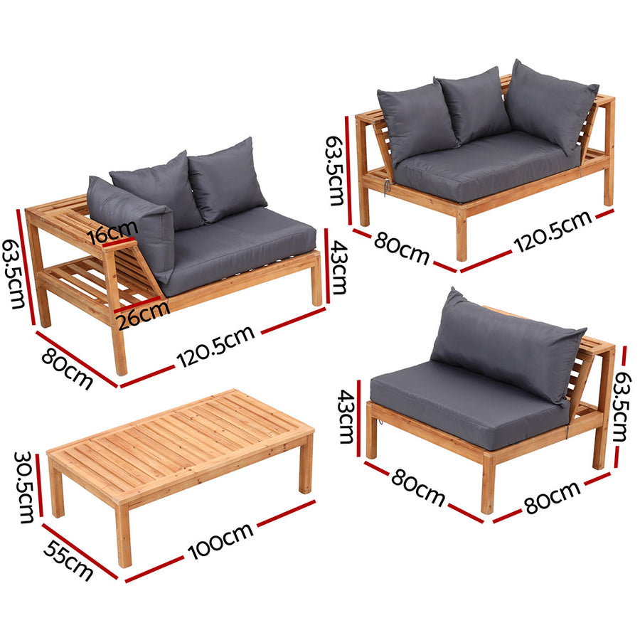 Gardeon 4 Pieces Outdoor Sofa Set 5-Seater Wooden Bench with Built-in Side Table
