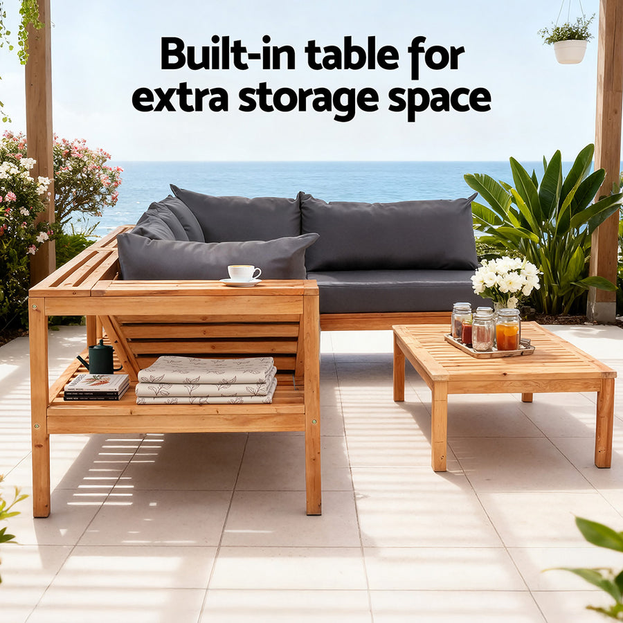 Gardeon 4 Pieces Outdoor Sofa Set 5-Seater Wooden Bench with Built-in Side Table