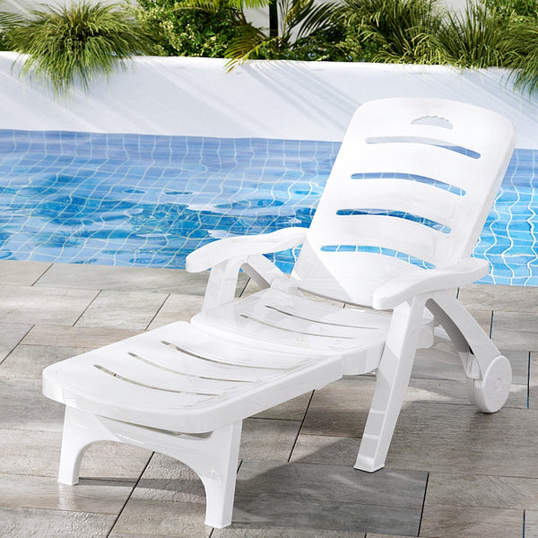 Gardeon Folding Sun Lounger with Wheels, 5-Position Outdoor Chaise Lounge Chair, White
