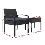 Gardeon 3PC Patio Furniture Bistro Set Wicker Outdoor Lounge Setting Black - Front View