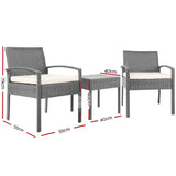 Gardeon 3PC Patio Furniture Bistro Set Wicker Outdoor Lounge Setting Grey - Front View