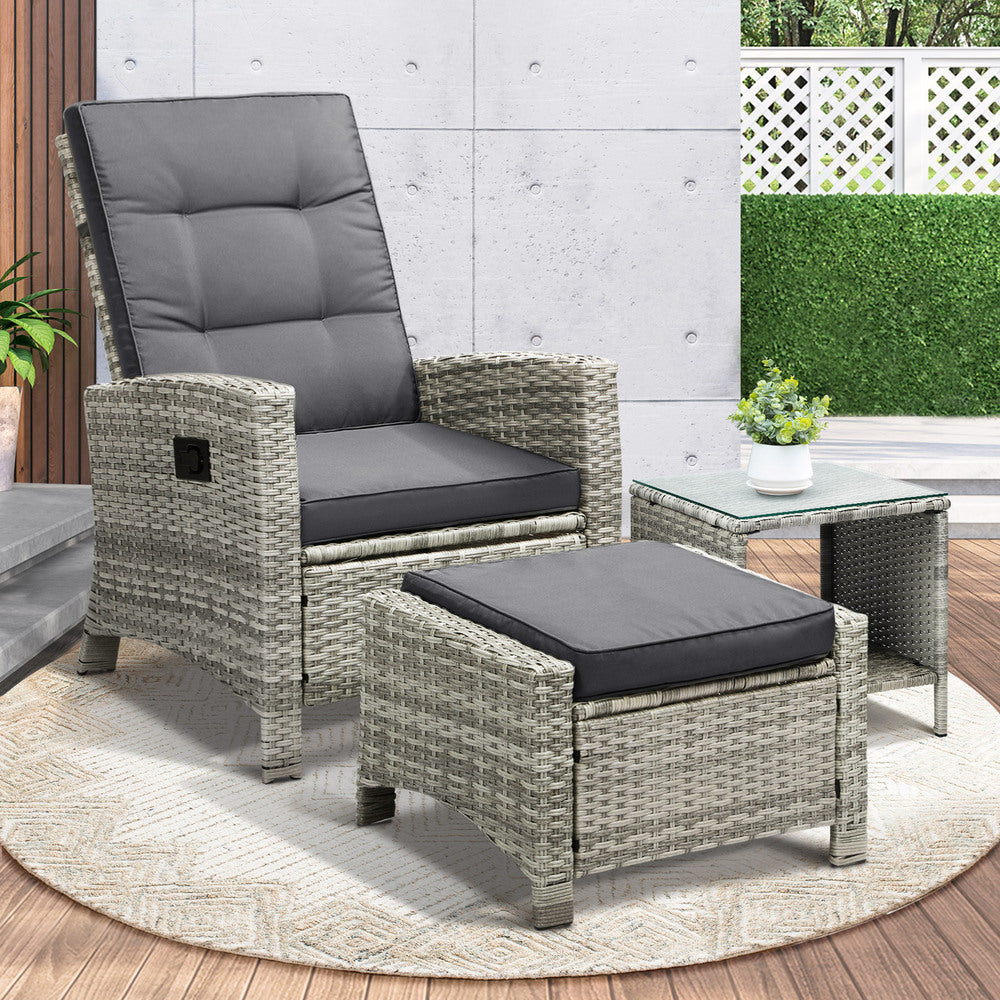 Livsip Recliner Wicker Sun Lounge Set 3PC Grey
