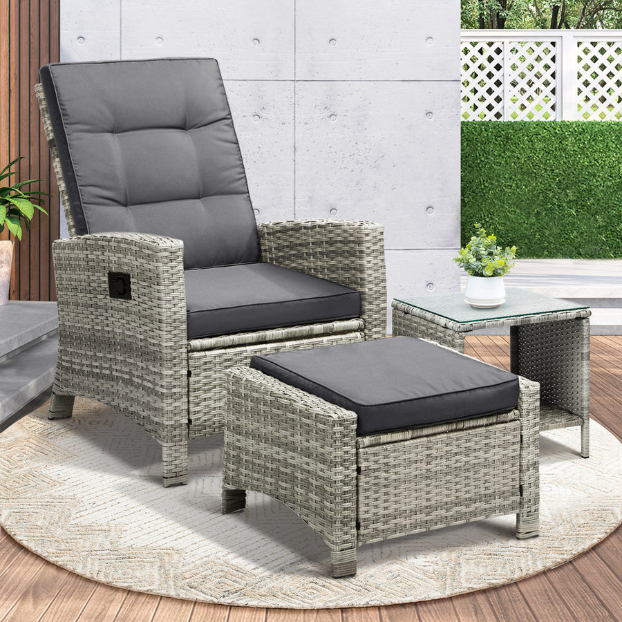 Livsip Recliner Wicker Sun Lounge Set 3PC Grey