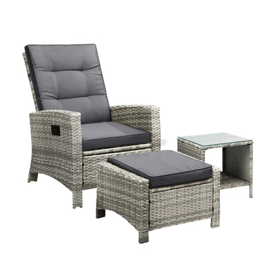 Livsip Recliner Wicker Sun Lounge Set 3PC Grey