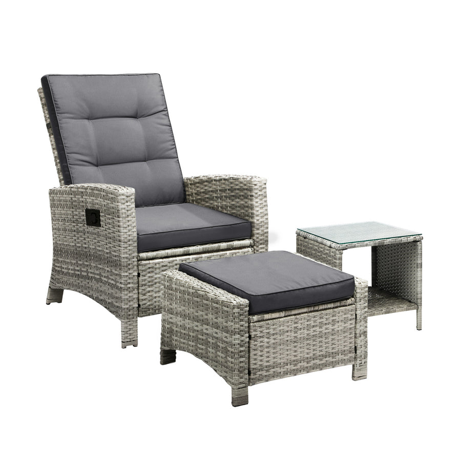 Livsip Recliner Wicker Sun Lounge Set 3PC Grey