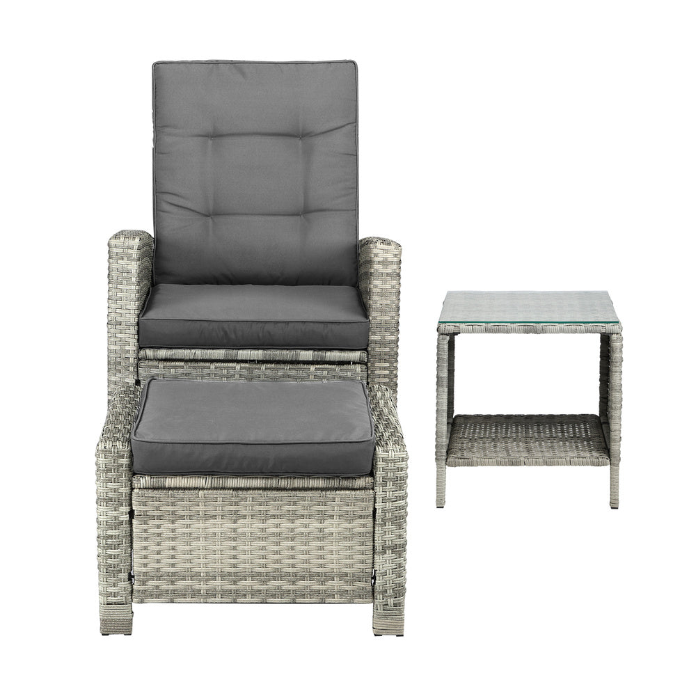 Livsip Recliner Wicker Sun Lounge Set 3PC Grey