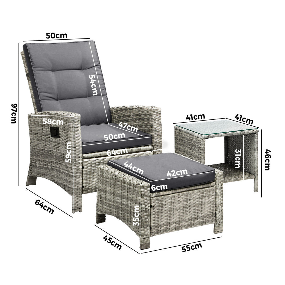 Livsip Recliner Wicker Sun Lounge Set 3PC Grey