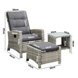 Livsip Recliner Wicker Sun Lounge Set 3PC Grey - Rear View