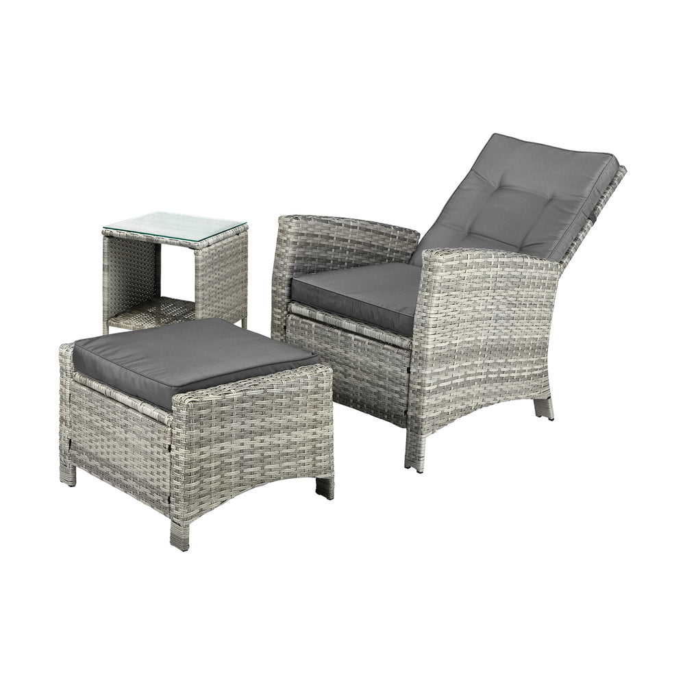 Livsip Recliner Wicker Sun Lounge Set 3PC Grey