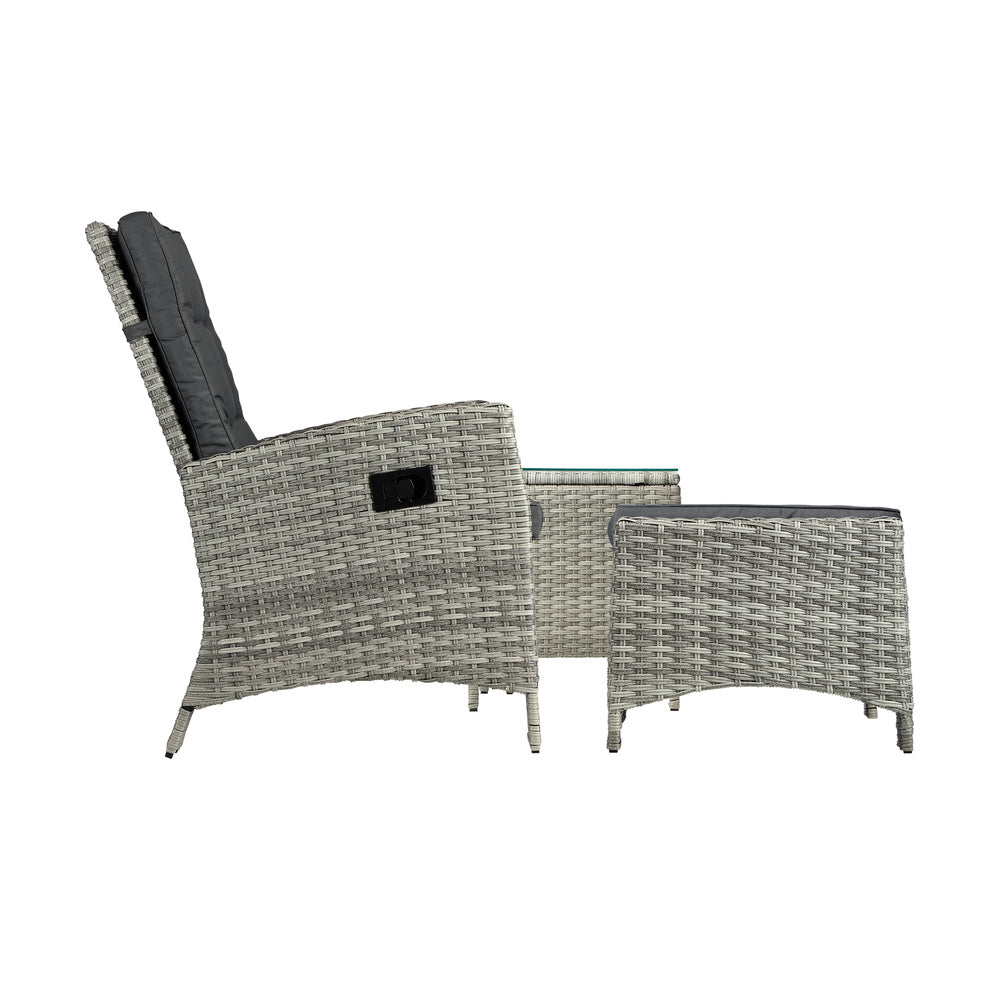 Livsip Recliner Wicker Sun Lounge Set 3PC Grey