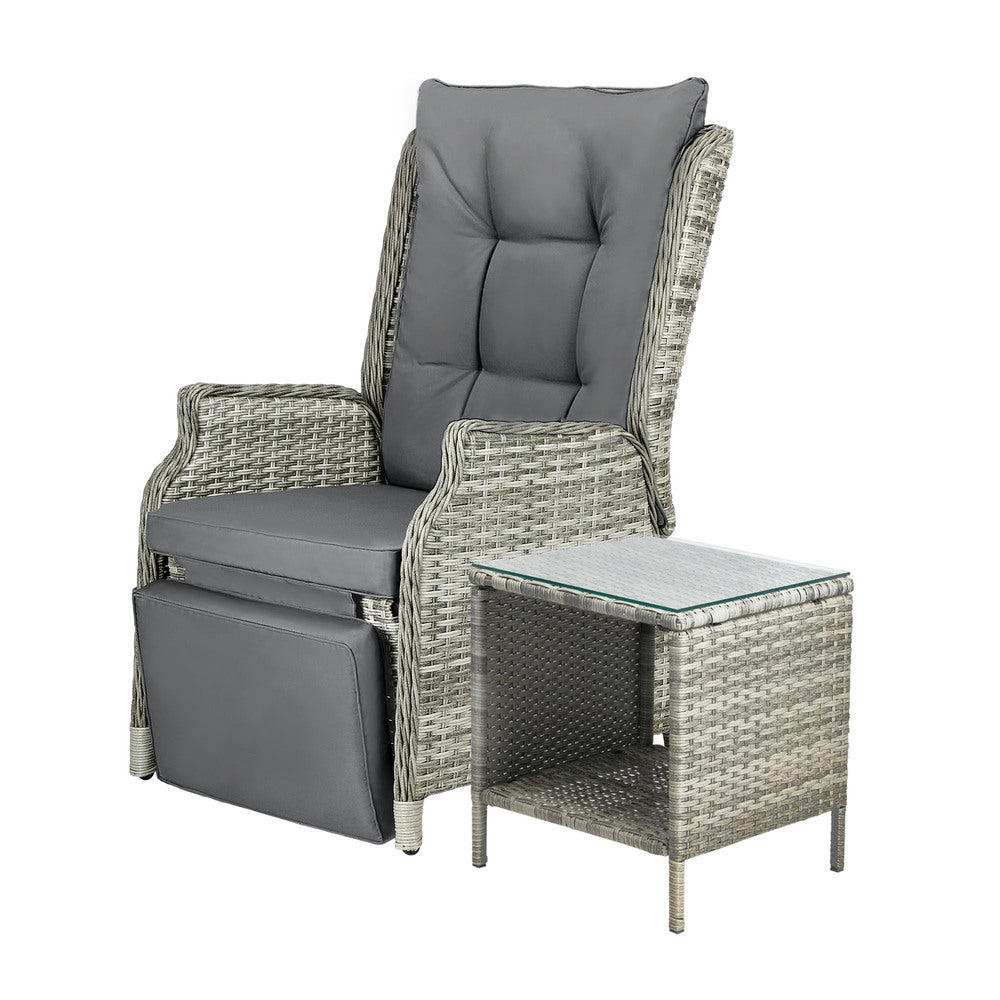 Livsip Outoodr Recliner Lounge & Table Set Wicker Grey