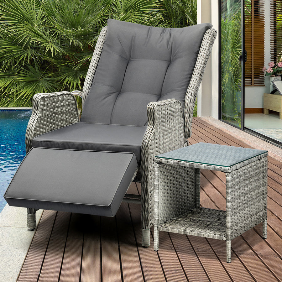 Livsip Outoodr Recliner Lounge & Table Set Wicker Grey