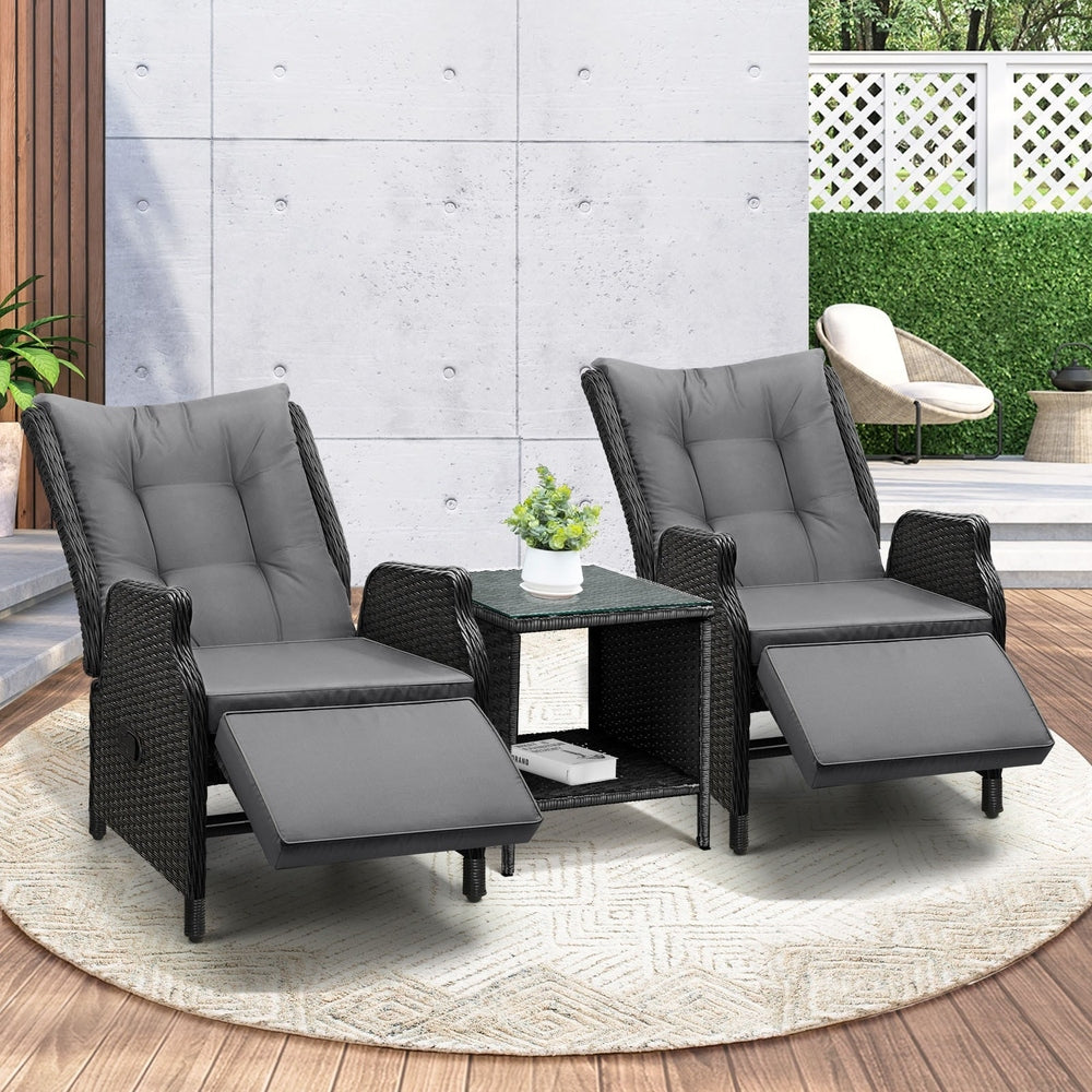 Livsip Sun Lounge Outdoor Recliner&Table Set of 3 Black
