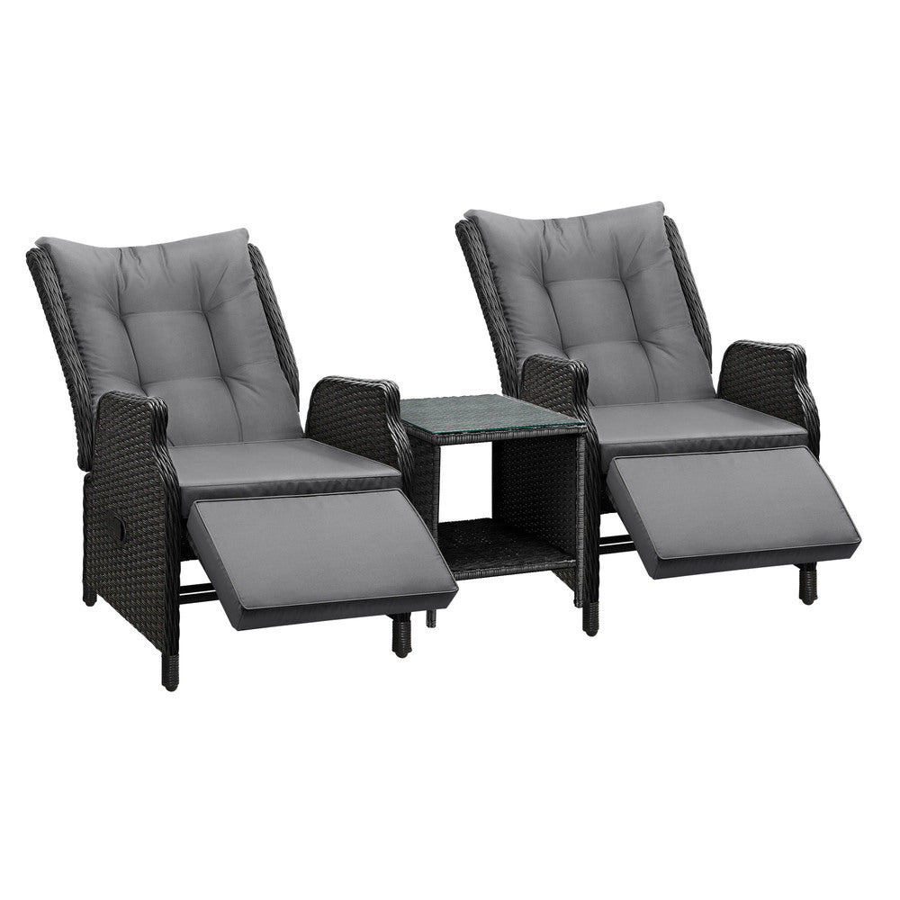 Livsip Sun Lounge Outdoor Recliner&Table Set of 3 Black