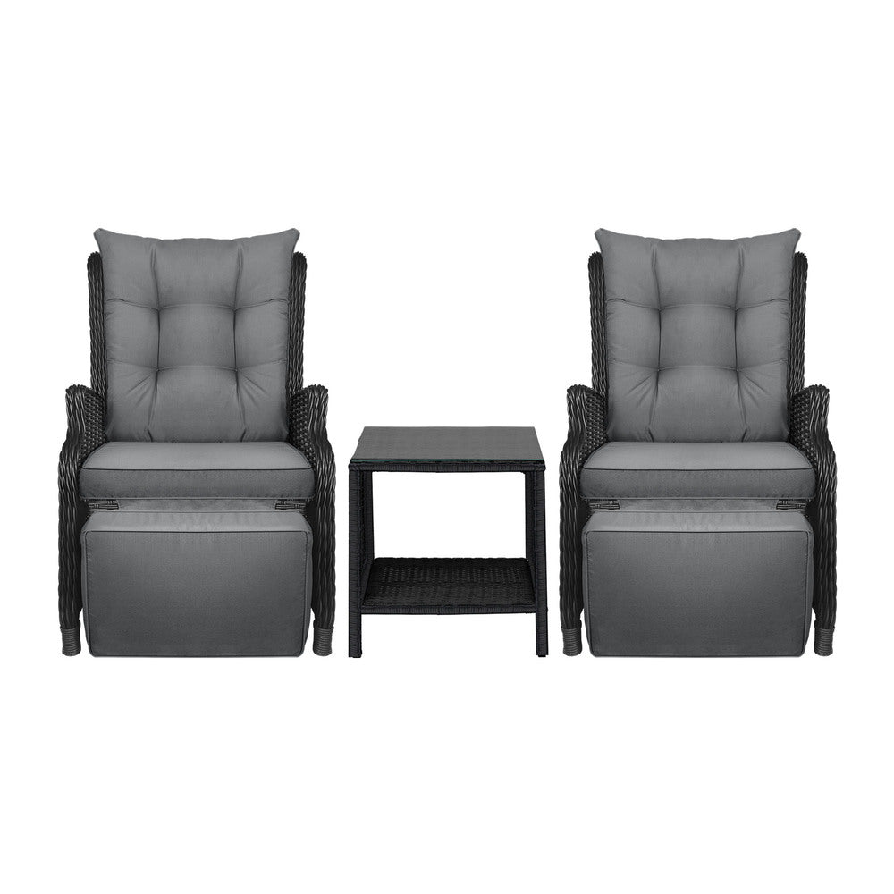 Livsip Sun Lounge Outdoor Recliner&Table Set of 3 Black