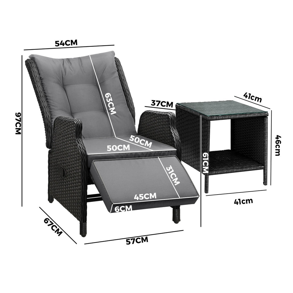 Livsip Sun Lounge Outdoor Recliner&Table Set of 3 Black