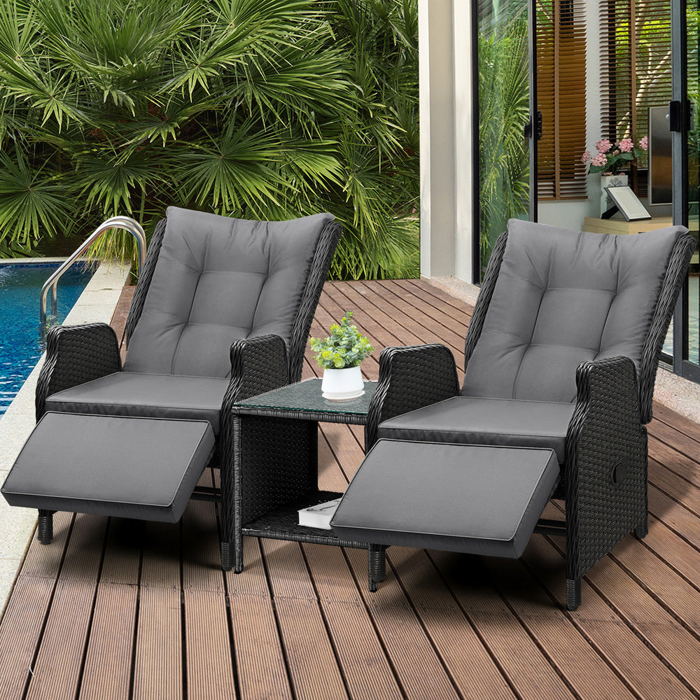Livsip Sun Lounge Outdoor Recliner&Table Set of 3 Black