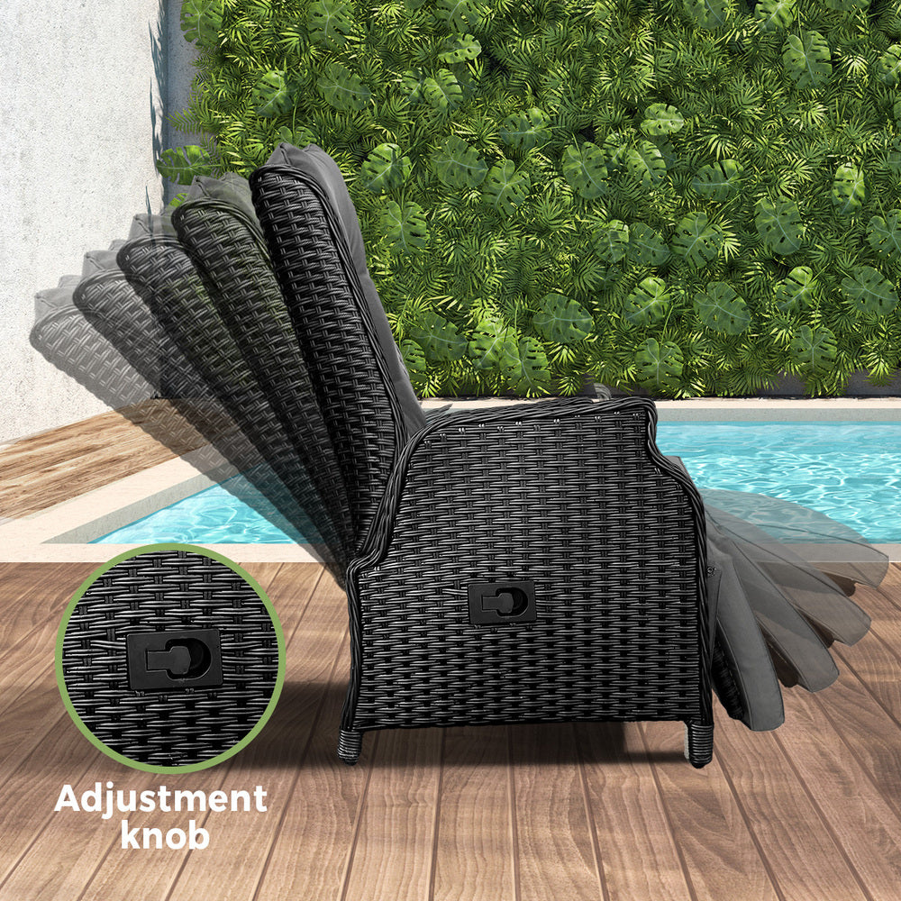 Livsip Sun Lounge Outdoor Recliner&Table Set of 3 Black