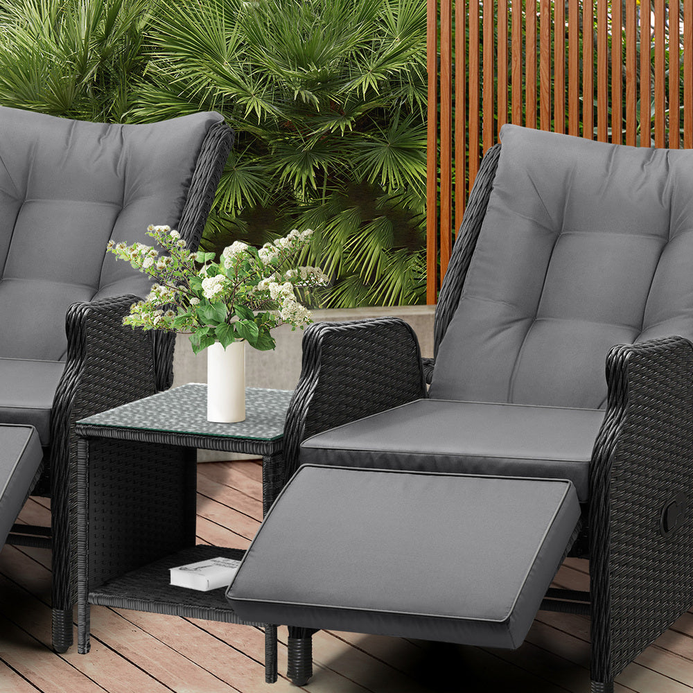 Livsip Sun Lounge Outdoor Recliner&Table Set of 3 Black