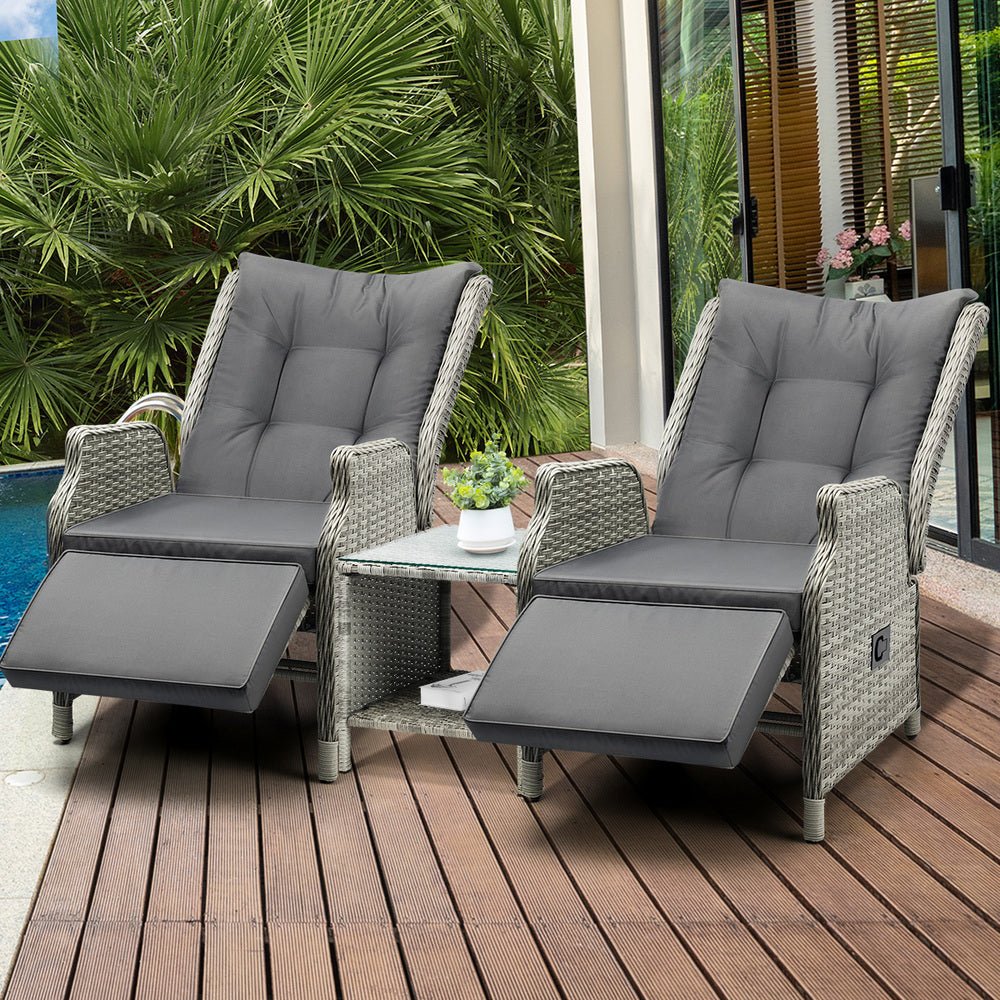 Livsip Outdoor Recliners Sun Lounger & Table Set of 3 Grey