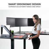 FORTIA Corner Standing Desk, 1730W x 1730W x 750D, 3 Motors, 120kg Load, Sit to Stand Up Electric Height Adjustable, Black/Black Frame - Front View