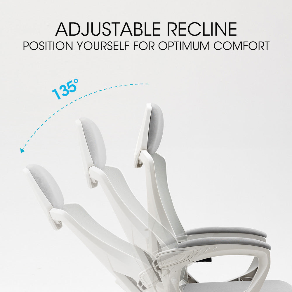 FORTIA Ergonomic Office Desk Chair, Height Adjustable Lumbar Support, Mesh Fabric, Headrest, White/Grey