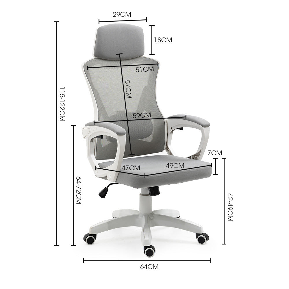 FORTIA Ergonomic Office Desk Chair, Height Adjustable Lumbar Support, Mesh Fabric, Headrest, White/Grey