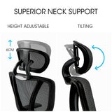 Fortia Ergonomic Office Desk Chair, Coolmesh Fabric, Adjustable Lumbar Support, Headrest, Armrest and Recline, Black Mesh/Black Frame - 45-Degree Angle