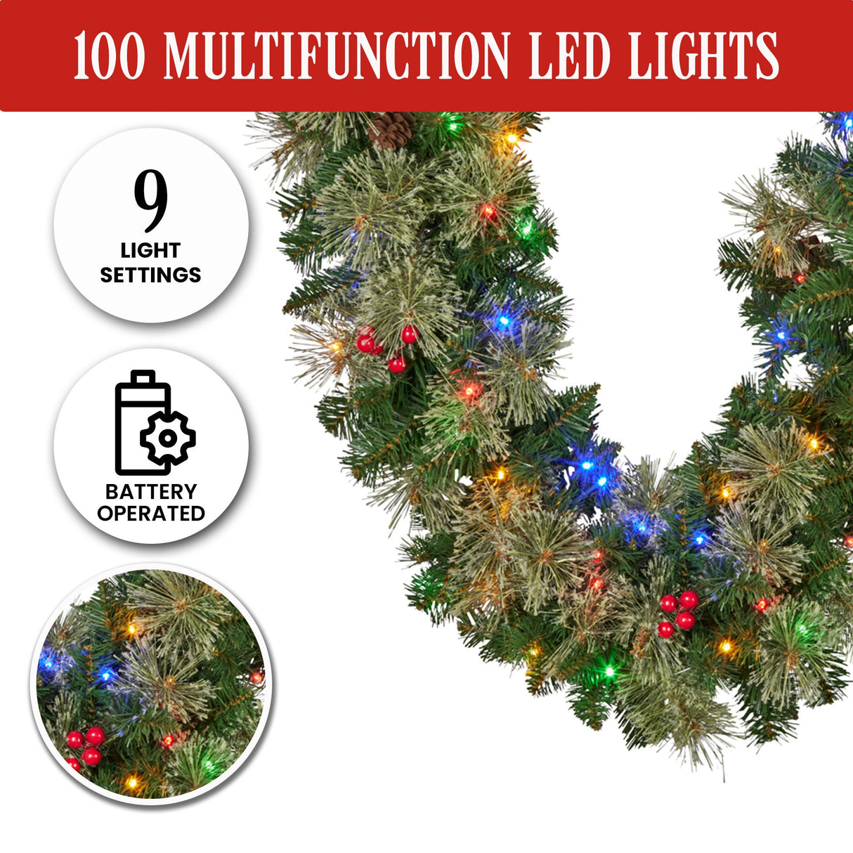 274cm Bristle Berry Multicolour Pre-Lit Christmas Garland