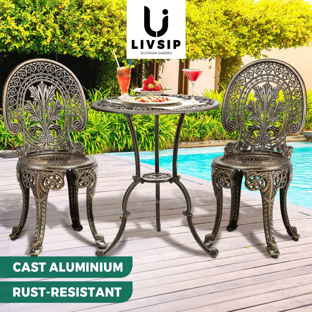 Livsip Outdoor Set 3pcs Chair Table Cast Aluminium Bronze
