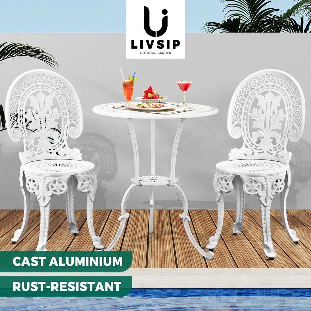 Livsip Outdoor Set Cast Aluminium Table and Chair 3PCS White