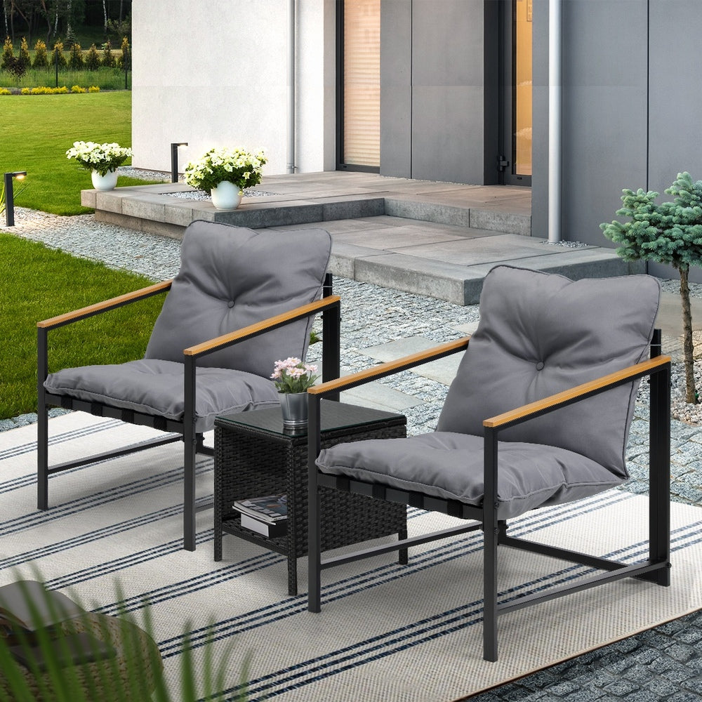 Livsip 3 Piece Outdoor Patio Set Metal Chairs Rattan Table
